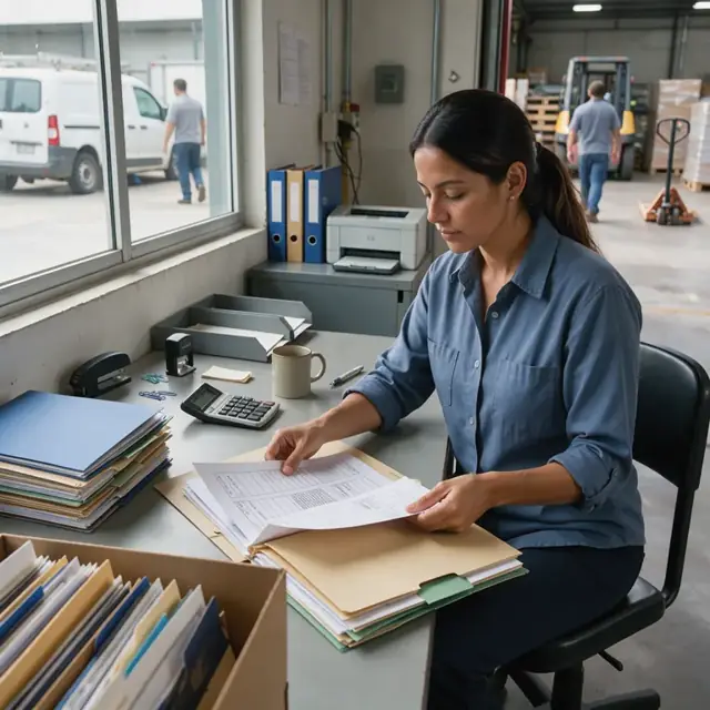 a worker at a desk sorting printed traceability reports and batch records into organized file folders