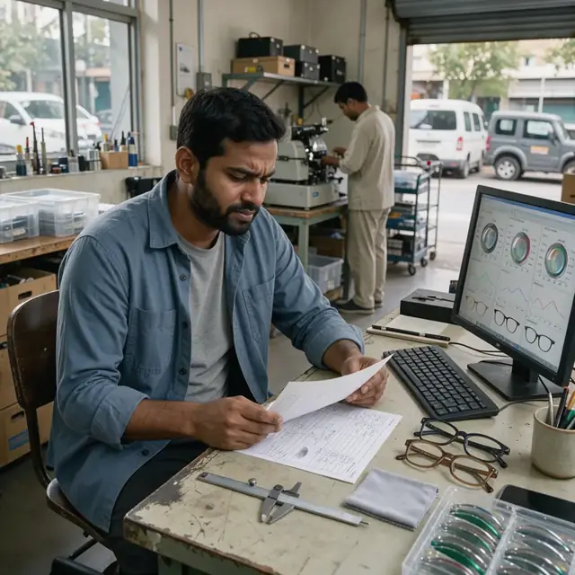 a worker at a desk reviewing a printed order form next to a computer screen showing lens specifications and sample frames on the table