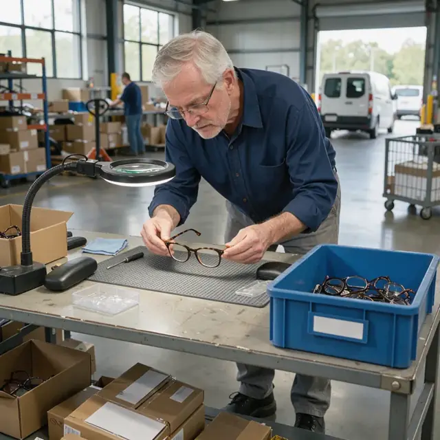 a worker at a packing station inspecting returned eyeglass frames under a magnifying lamp before placing them into a quarantine bin