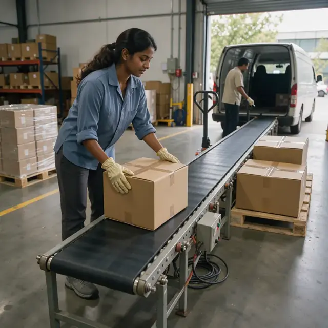 a worker placing a sealed corrugated box containing ophthalmic supplies onto a conveyor belt for carrier pickup