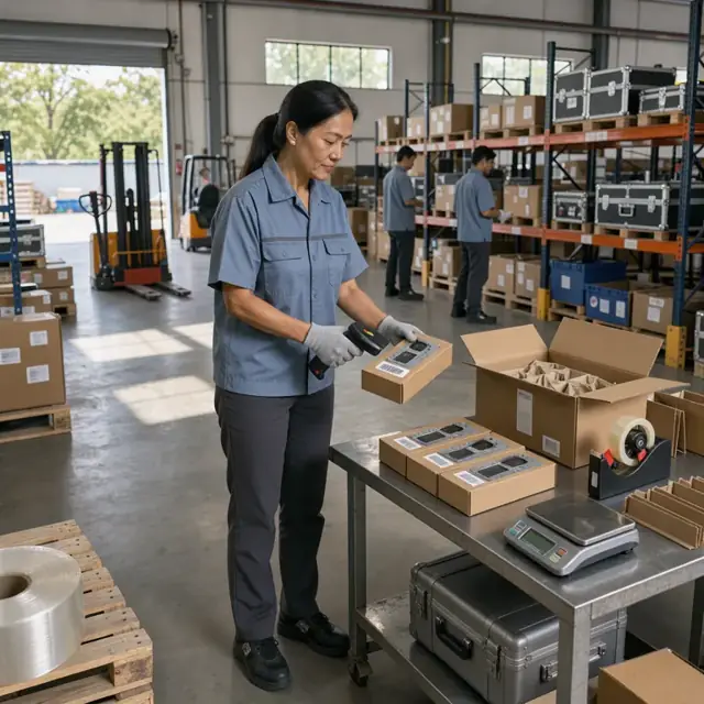 a warehouse worker scanning barcodes on boxes of technical instruments before placing them into a shipping carton