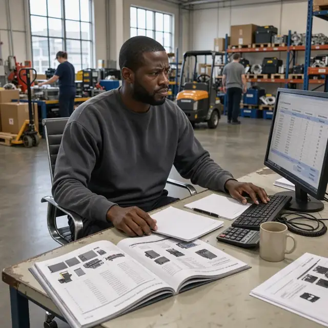 a warehouse desk with product catalogs open next to a computer monitor displaying a multi-line equipment quote