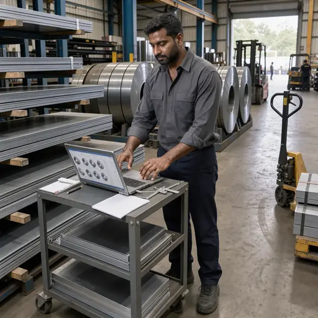 a worker reviewing steel coil inventory records on a laptop while standing beside racks of organized metal sheets