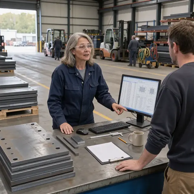a warehouse counter with stacks of steel plates beside a computer screen showing detailed material specifications