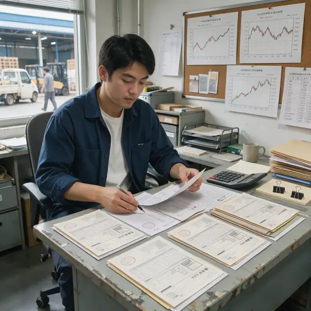 a worker reviewing printed invoices and attached assay certificates at a desk with a calculator and commodity price charts on the wall