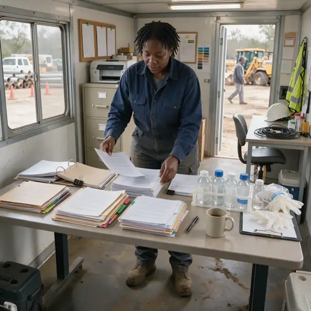 a worker organizing stacks of permit documents and water sampling bottles on a table inside a yard office trailer