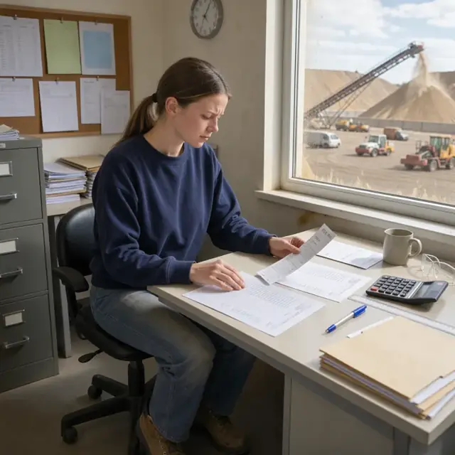 a worker comparing weight tickets and laboratory reports at a desk next to a window overlooking a bulk commodity storage yard