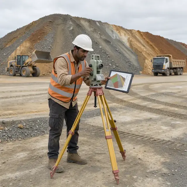 a worker measuring a large outdoor stockpile of mineral ore with a survey instrument while referencing a tablet with inventory maps