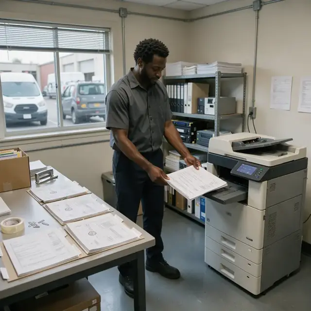 a worker standing at a large printer in a back office pulling freshly printed specification sheets and UL listings from the output tray to assemble into customer folders