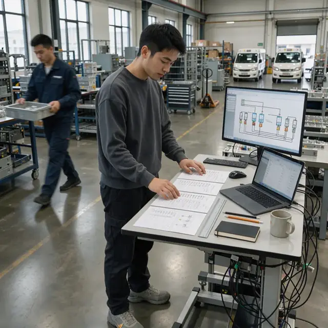 a worker at a standing desk reviewing product specification sheets and entering quantities into a quoting screen beside a large monitor showing electrical diagrams