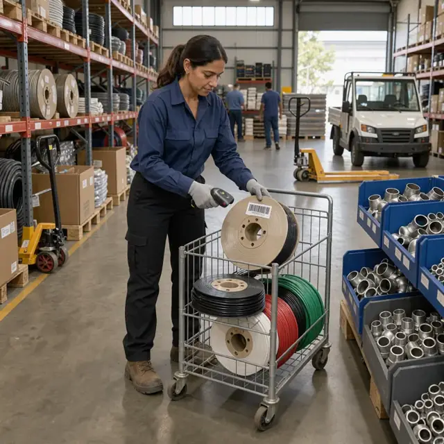 a worker in a warehouse aisle scanning barcodes on reels of electrical wire and placing them into a rolling cart next to bins of conduit fittings