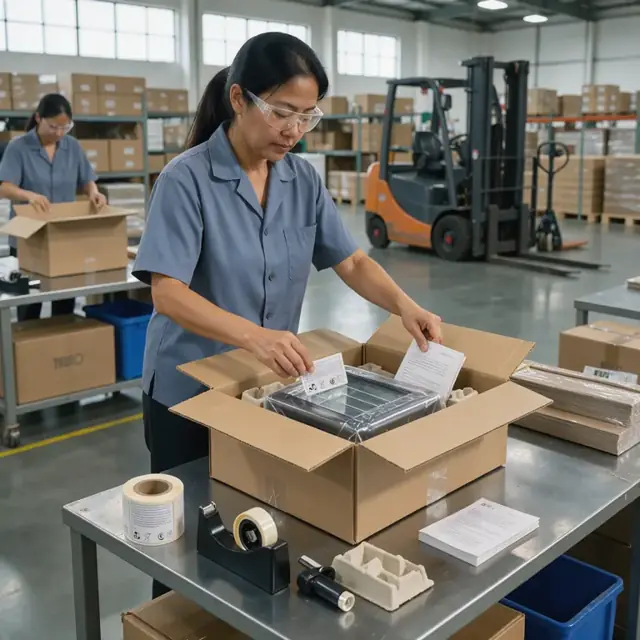 a worker at a packing station applying regulatory stickers and inserting warranty booklets into a box containing a countertop appliance