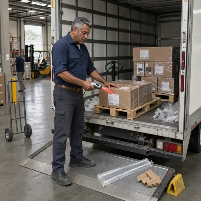 a worker standing at the open rear of a delivery truck using a scanner on pallets of newly arrived consumer electronics inside a warehouse receiving bay
