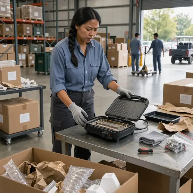 a worker inspecting a returned electric grill on a metal workbench surrounded by shipping boxes and packing materials in a warehouse returns area