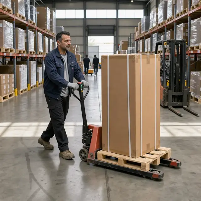 a worker operating a powered pallet jack to move a large cardboard box containing a refrigerator across a concrete warehouse floor lined with tall metal shelving