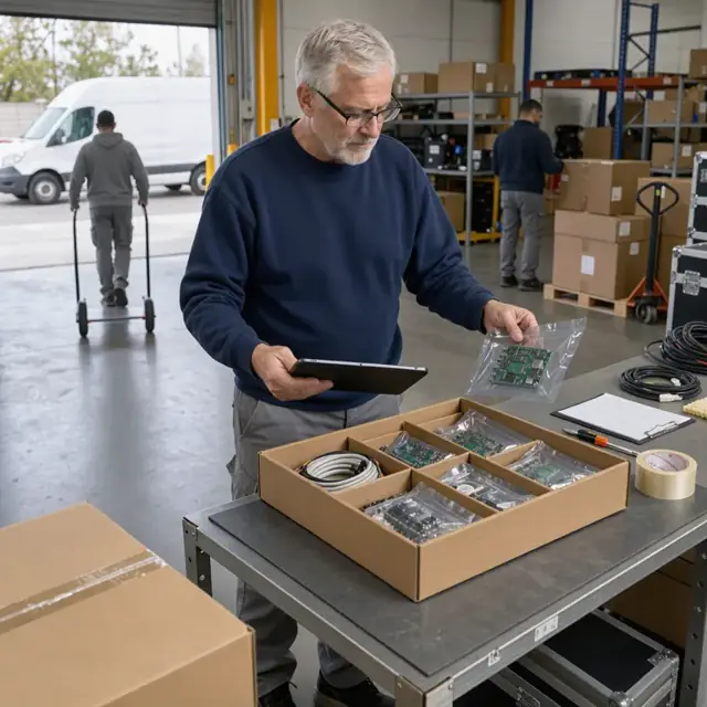 a worker at a standing desk reviewing an open box of delivered electronic components while checking a tablet with order details