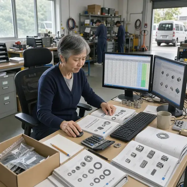 a worker at a desk reviewing a parts list on a computer monitor while comparing supplier availability on a second screen surrounded by component catalogs