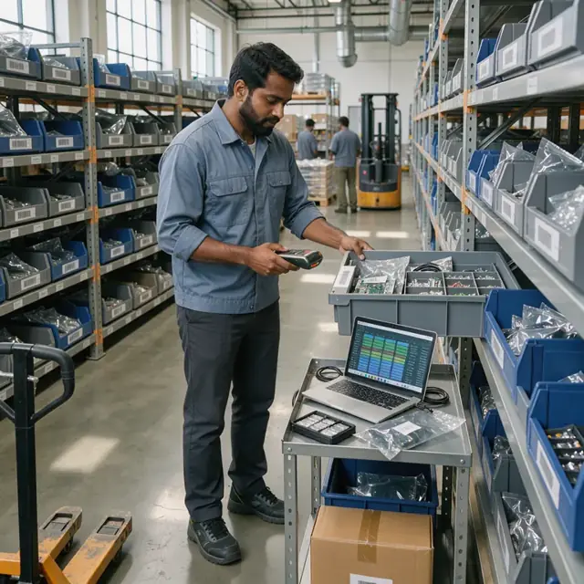 a worker standing in a warehouse aisle scanning barcodes on bins of electronic components with a handheld terminal next to a laptop showing inventory levels