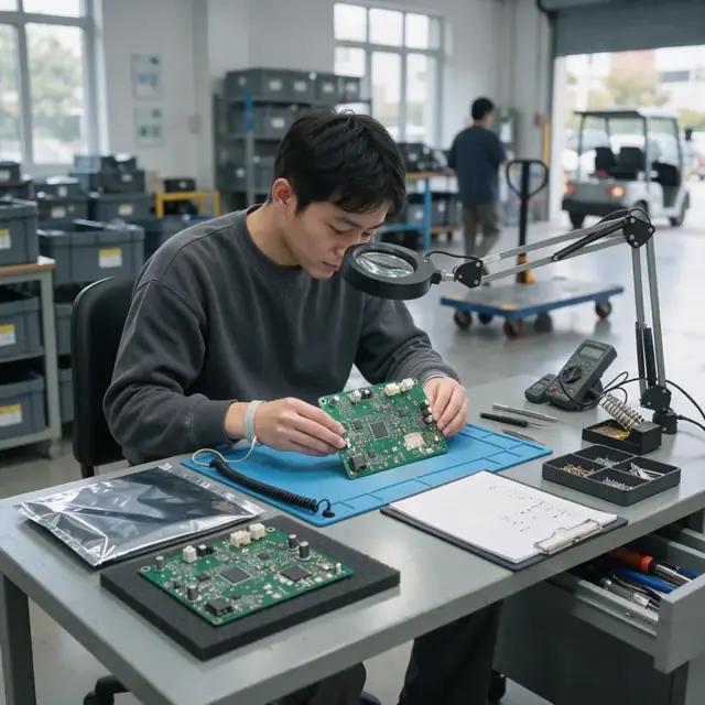 a worker inspecting returned circuit boards under magnification at a workbench with an open antistatic bag and documentation clipboard