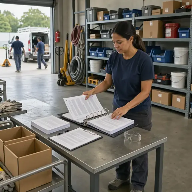 a worker filing printed safety data sheets into a three-ring binder in a storage area lined with metal shelving