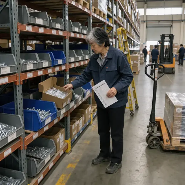 a worker in a warehouse aisle pulling a box of fasteners from a labeled bin while holding a printed pick list