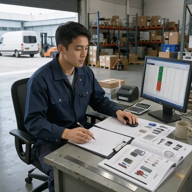 a worker at a desk comparing a computer screen of inventory levels with printed supplier catalogs and a clipboard