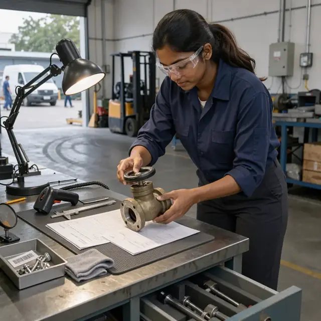 a worker inspecting a returned bronze valve under a workbench light with paperwork and a barcode scanner nearby