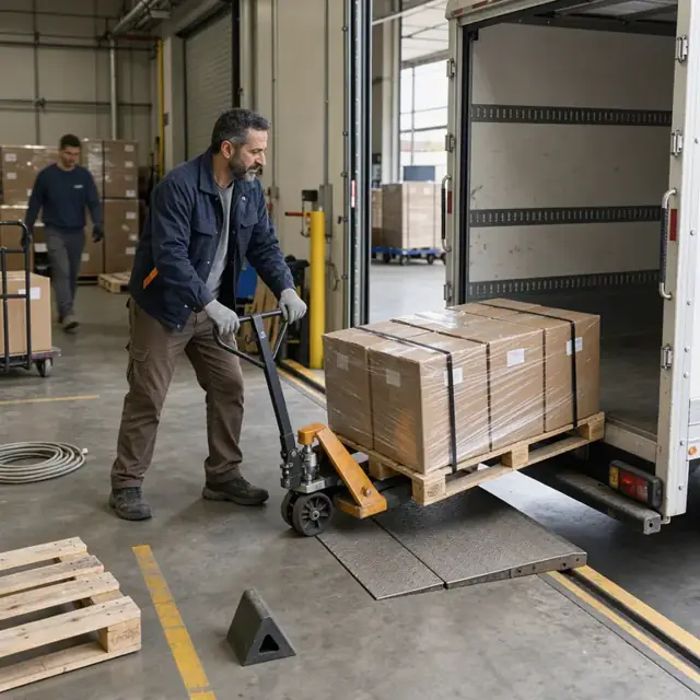 a driver loading a pallet of boxed HVAC equipment onto a box truck using a pallet jack at a loading dock