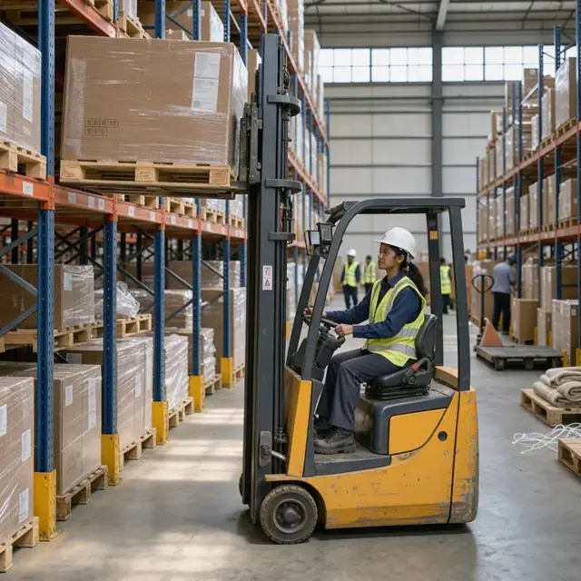 a worker on a forklift retrieving a large cardboard box labeled with model numbers from an upper warehouse rack