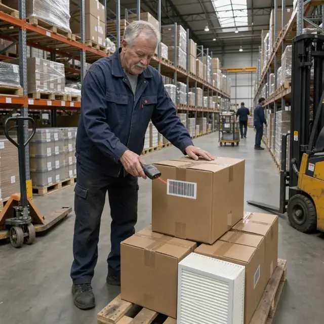 a worker scanning a barcode on a cardboard box of air filters while standing in a tall warehouse aisle lined with metal shelving
