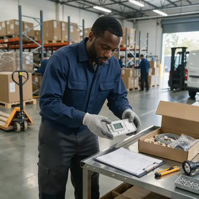 a worker in a warehouse inspecting a returned thermostat unit under bright overhead lights with paperwork clipped nearby