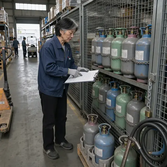 a worker in a warehouse aisle checking labels on rows of refrigerant cylinders secured in a locked cage area