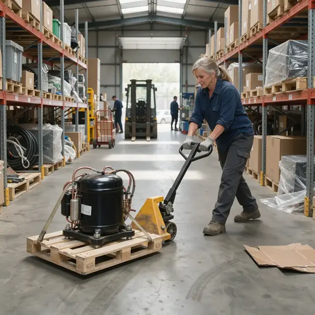 a worker in a warehouse using a pallet jack to move a large commercial refrigeration compressor between tall metal shelving units