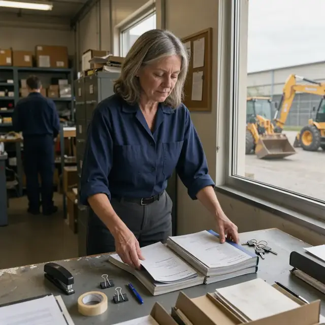 a worker in a warehouse office preparing a stack of machine manuals, warranty forms and keys on a desk beside a window overlooking a yard of yellow construction equipment