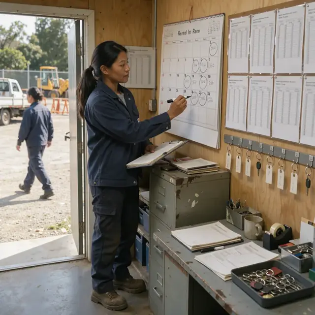 a worker in a yard office marking return dates on a large wall calendar next to a row of rental rate sheets and equipment keys