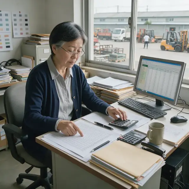 a worker at a desk reviewing printed supplier price sheets and entering numbers into a spreadsheet with a window view of a large equipment storage yard