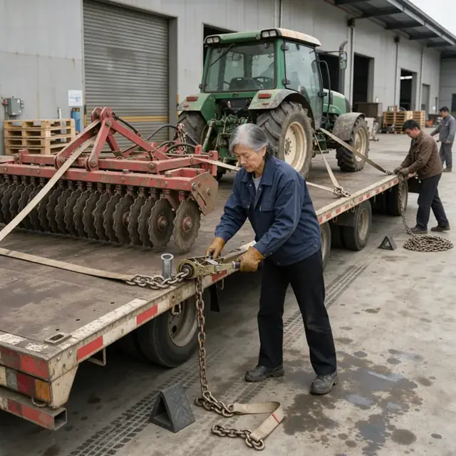 a flatbed truck loaded with a tractor and implement parked at a loading dock with chains and straps being secured