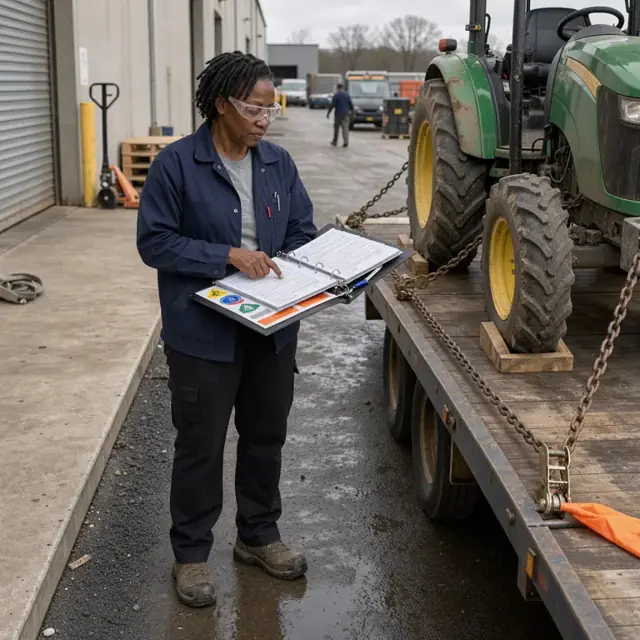 a worker at a loading dock checking a binder of transport permits and safety decals next to a secured tractor on a flatbed trailer