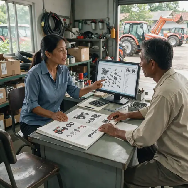 a sales counter with open catalogs and a parts lookup screen while a customer discusses tractor options across the desk