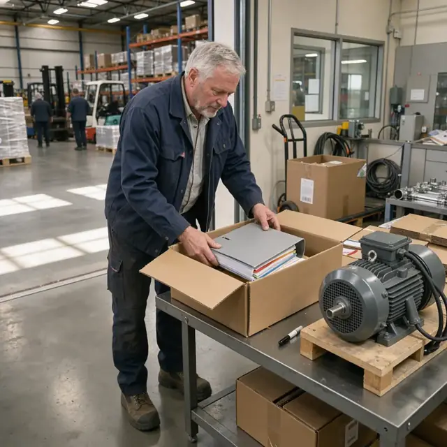 a worker in a warehouse office placing a binder of equipment manuals and safety documents into a shipping box beside a large motor