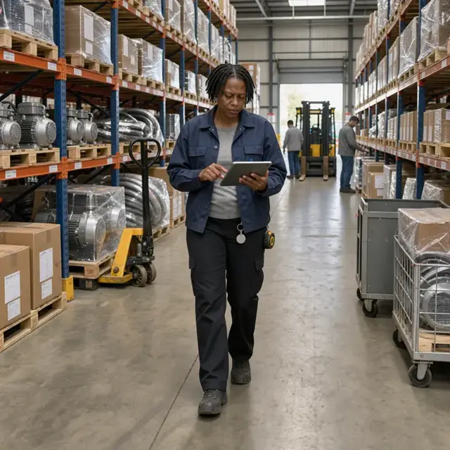 a worker walking past rows of pallet racking holding boxed pumps and motors while reviewing an inventory report on a tablet