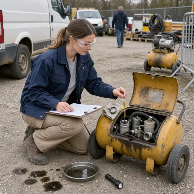 a worker in an equipment yard inspecting a returned portable air compressor with a clipboard and checking fluid levels