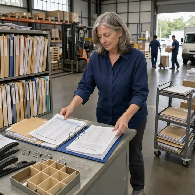 a worker organizing printed safety data sheets and certificates of conformance into labeled folders at a warehouse filing station