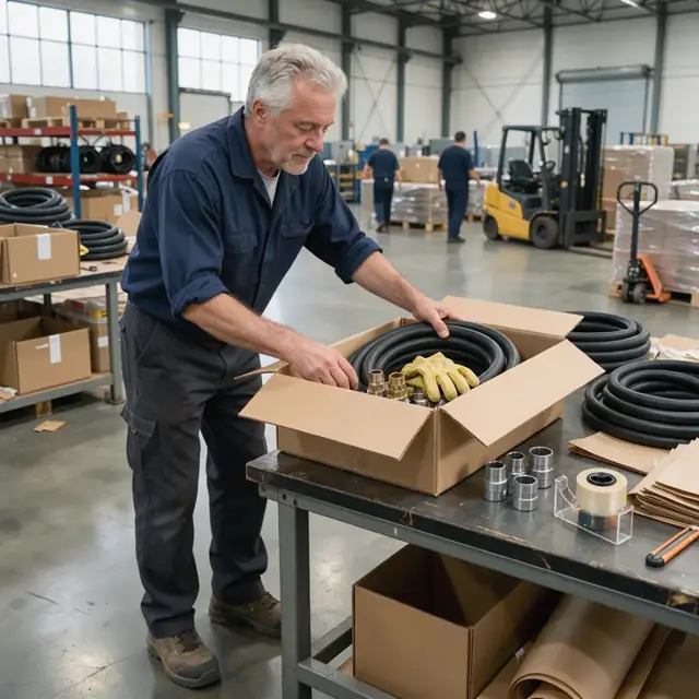 a worker in a warehouse packing area placing hoses, fittings and safety gloves into a shipping carton on a workbench