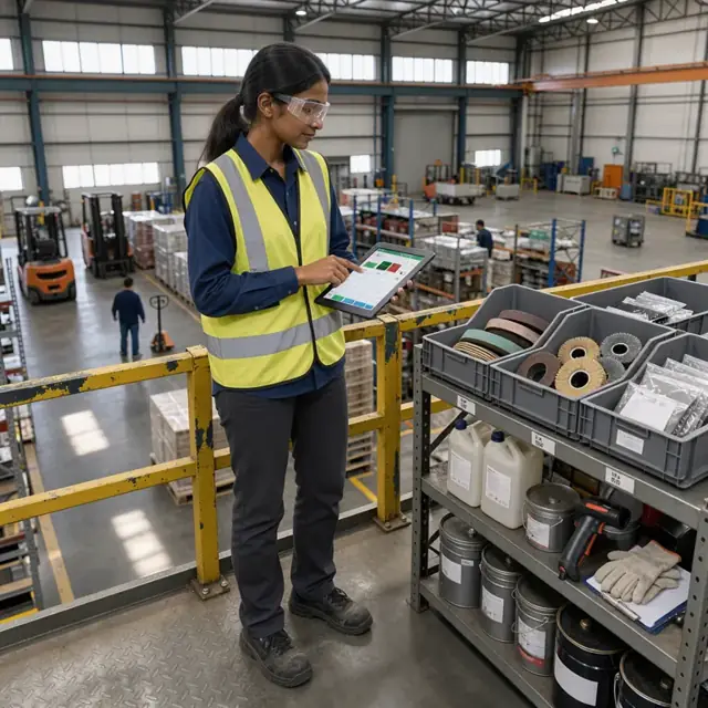 a worker on a warehouse mezzanine using a tablet to count bins of industrial abrasives and lubricants