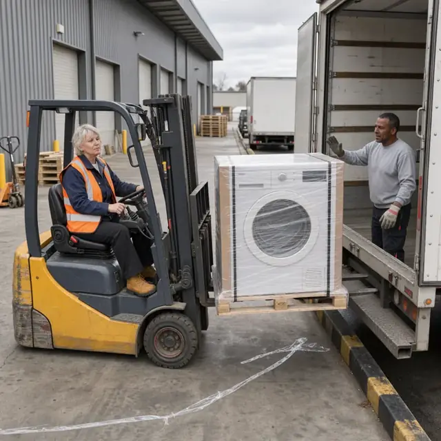 a forklift operator loading a pallet with a wrapped commercial dryer onto a box truck at a loading dock