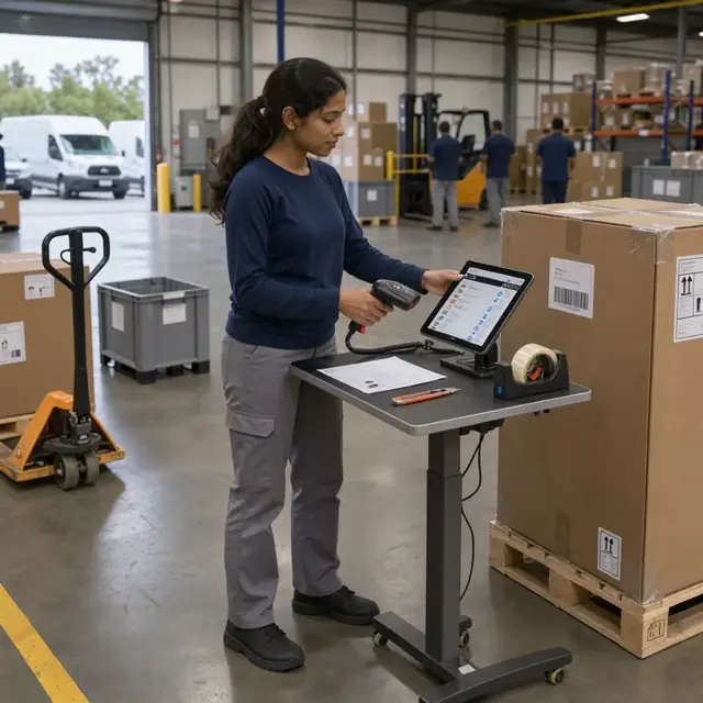 a worker at a standing desk scanning barcodes on a commercial refrigerator carton while checking items against a digital pick list on a tablet