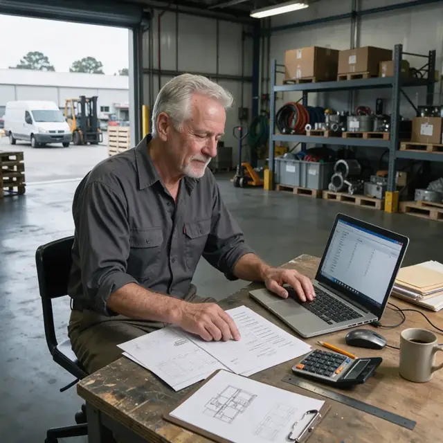 a worker at a warehouse desk reviewing equipment specification sheets and entering line items into a laptop quote template
