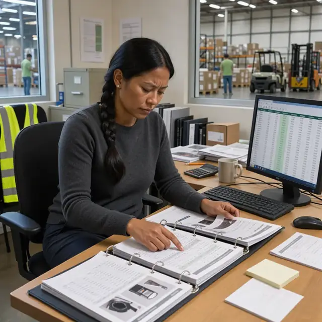 a worker at a desk reviewing open binders of supplier catalogs beside a computer monitor showing pricing spreadsheets