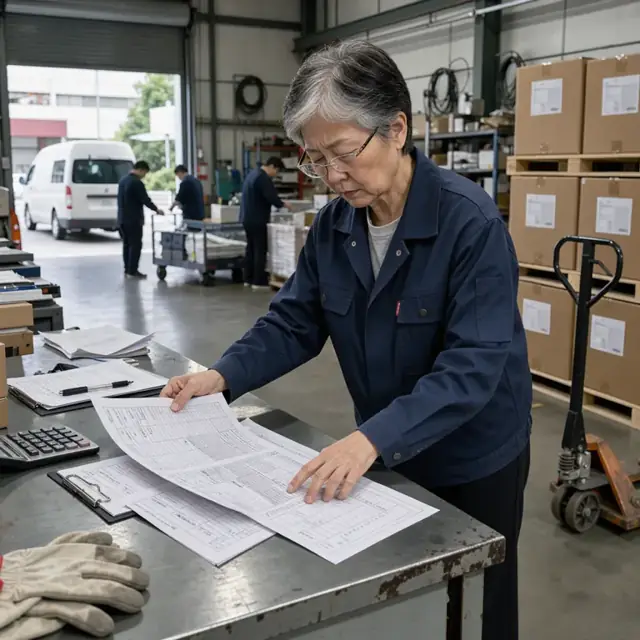 a worker reviewing printed maintenance schedules and inventory reports at a counter beside stacked pallets of boxed supplies